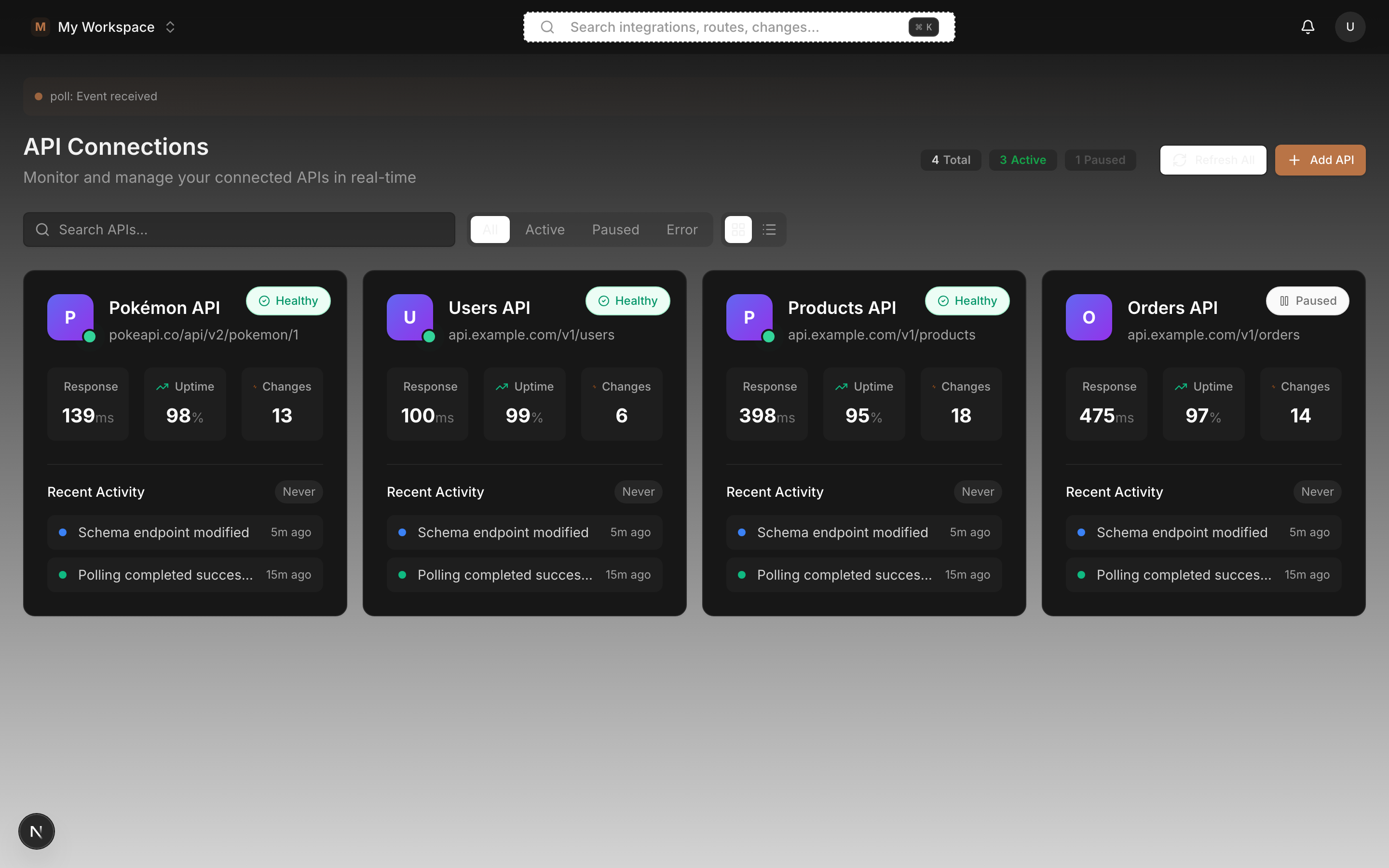 API Integrations - Manage GitHub, Stripe, and other API endpoints with status monitoring