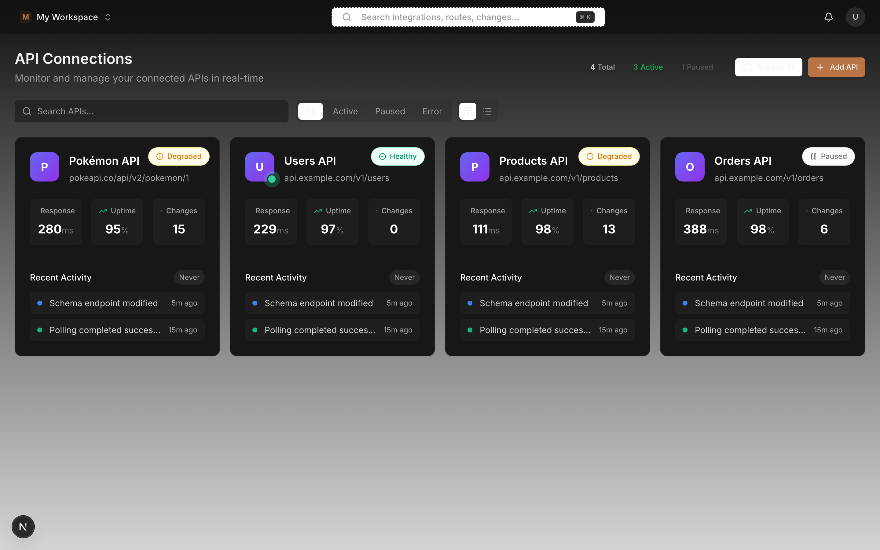 Real-time Dashboard - Live API monitoring metrics, activity feed, and comprehensive analytics